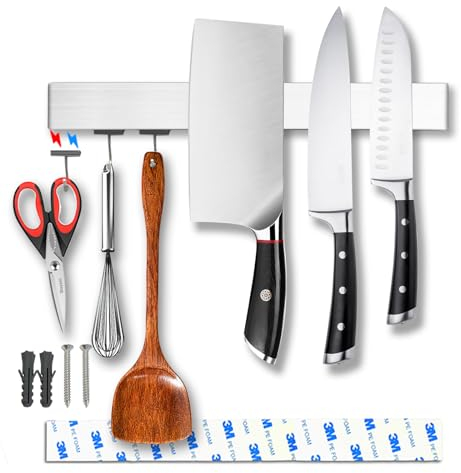 YIIYIIN 12 Inch Magnetic Knife Holder for Wall Mount with Magnetic Hooks - No-Drill Adhesive - Knife Magnetic Strip - 304 Stainless Steel Magnetic Kitchen Utensil Hanger/Holder/Rack/Bar