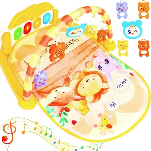 Gimnasio Bebé con Piano Musical y Luces, Manta de Juegos Sensorial con 5 Accesorios Colgantes, Juguete Educativo para Tummy Time y Desarrollo Motor (0-24 Meses), Motivo de Animales