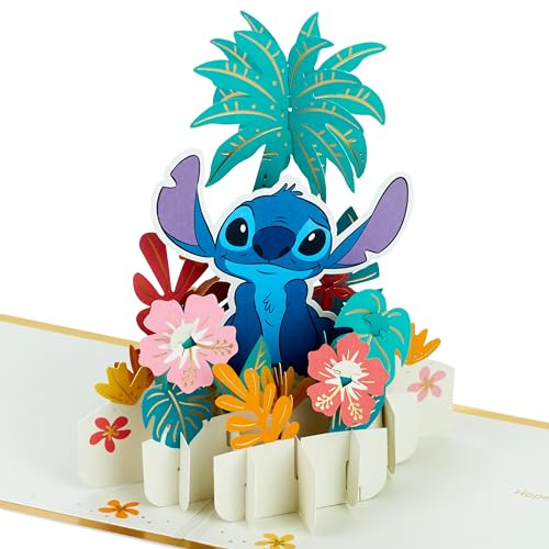 Hallmark Disney Lilo & Stitch, 3D & pop-up kort för alla tillfällen, söm med Hawaiianska blommor, födelsedag, fars dag, dotter, son, barnbarn, barnbarn, guld