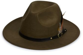 Nicky Adams Countrywear Men's and Ladies' Fedora Hat - Wide Brim Wool Felt Fedora with Adjustable Band and Removable Feather, One Size Fits All - Cowboy Country Style, Showerproof Forest Green