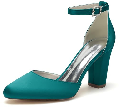 Donna Décolleté da Sposa con Tacco Largo Cinturino alla Caviglia Punta Tonda Scarpe da Sposa in Raso,Teal,38 EU