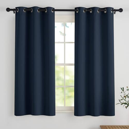 PONY DANCE Scheibengardinen für Kleine Fenster Thermo Gardine mit Ösen | 2er Set, H114 x B106 cm, Dunkelblau, Verdunkelnde Vorhänge, Hitzeschutz, Sichtschutz, für Schlafzimmer Küche Badezimmer