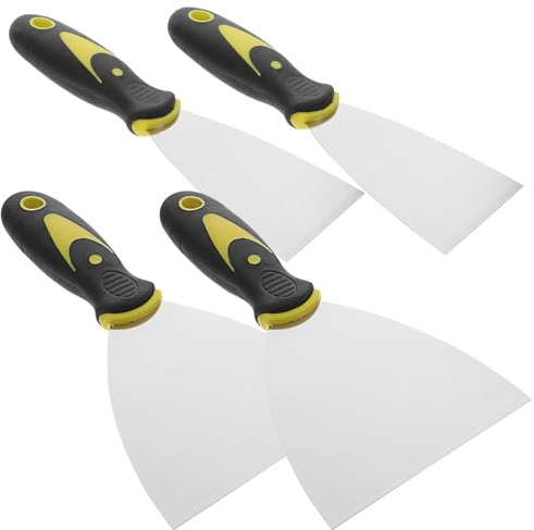 Uonlytech 4 Spatole per Muro in Acciaio Inox, Impugnatura Doppio Colore in Plastica, Leggere e Resistenti, per Rimuovere Vernice e Carta da Parati, Set Multiuso