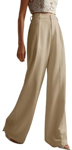 DAIHAN Pantaloni da Donna a Vita Alta Casual Eleganti Pantaloni da Ufficio con Tasche Gamba Larga Lunghi Palazzo per Ufficio e Occasioni Business,Beige,M
