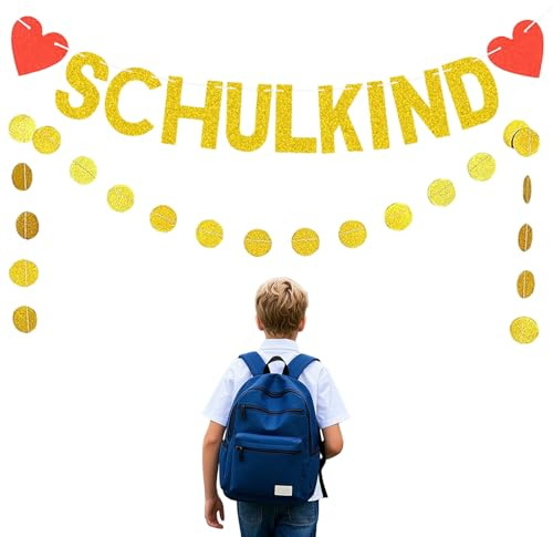 Glitzer Einschulung Deko Girlande,Schulanfang Deko für Mädchen Junge,Schulkind 2025 Hängende DekoGirlanden Banner,Gold Glitzer Buchstaben mit Roten Herzen,Schuleinführung Partydeko für Jünge Mädchen