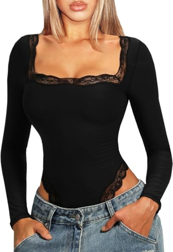 Navneet Body Damen Langarm Bodysuits Elegant Eckiger Ausschnitt Spitzenbody Sexy Shapewear Herbst Party Outfit Schwarz S