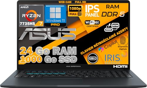 ASUS PC Portable Ordinateur 15,6 FHD IPS - Ryzen 7 7735HS, 24Go DDR5, SSD 1To NVMe, WiFi 6E, RJ45, Clavier FR AZERTY, Rétroéclairé, Empreinte Digitale, Windows 11 Pro, Prêt à l'emploi, Webcam FHD