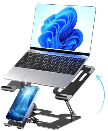Ergonomic 2-in-1 Laptop Phone Stand for Desk, Adjustable Riser, Sturdy and Portable, Fits All Laptops and Phone (Black)