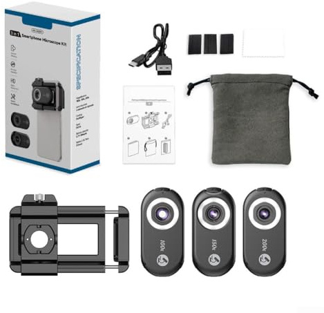 Yuanpgky Kit de lente de microscopio 3 en 1 para smartphone, lente de cámara macro de aumento de 100 x 150 x 200 x con luz LED integrada, compatible con dispositivos y dispositivos (kit de lentes 3 en