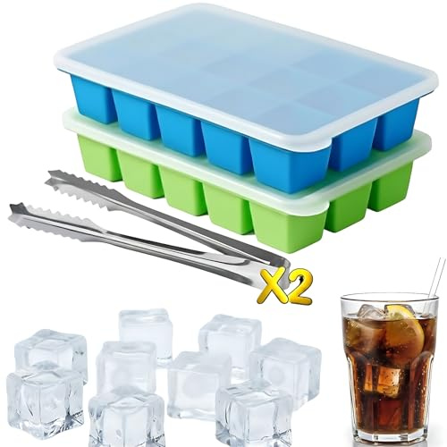 2er Stück Eiswürfelform Silikon in Grün & Blau, Eiswürfelbehälter mit Deckel, Inkl. 2er Eiswürfelzange, 30 Fächer, Stapelbar & BPA-frei, Silikon Eiswürfelform für Cocktails & Whisky, Getränke