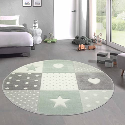 CARPETIA Barnmatta barnrum matta prickar hjärta stjärna design grön grå grädde storlek 120 cm rund