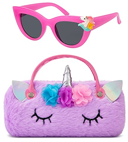Hifot Licorne Étui à Lunettes Rigide avec Lunettes de Soleil Enfant, Mignonnes Enicorn Lunettes de Soleil UV400 Protection, Rigide étui Lunettes Soleil avec poignée pour Fille garçon