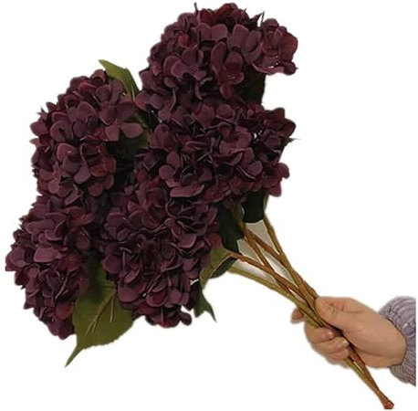 5pcs Artificial Retro Color Hydrangea Flower Branch Faux Hydrangea Macrophylla for Wedding Centerpieces Home Party Floral Arrangement (Dark red)