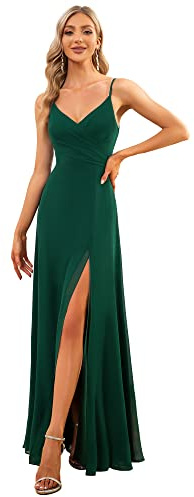 Ever-Pretty Abiti da Cerimonia Maxi con Scollo a V e Cinturino a Spaghetti Senza Maniche Abito da Damigella d'Onore con Spacco Verde Scuro 40