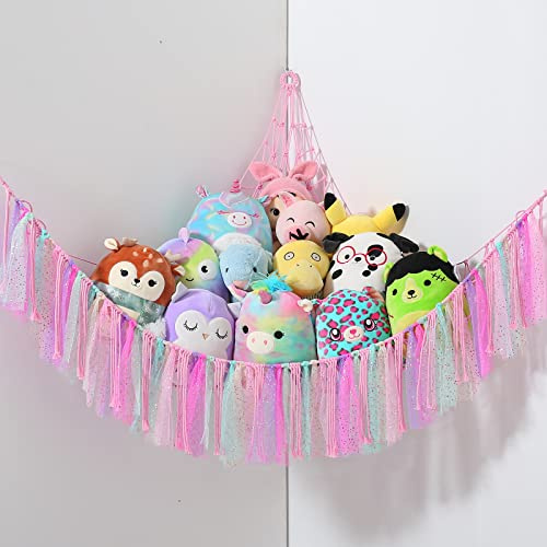 Amaca Giocattolo Per Animali Di Peluche Magazzinaggio Rete Portaoggetti Per Orsacchiotti Rete per Immagazzinaggio Ad Angolo Per Camera Dei Bambini(Rosa)