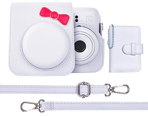 HIYQIN Adorable Case and Photo Album Fits for Fujifilm Instax Mini 12, for Instax Mini 12 Case and Accessories, Mini 12 Carry Bag with Shoulder Strap - White