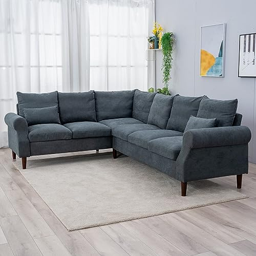 Panana 6 Seater Corner Sofa, Modern Classic Design Gray Linen with Solid Wood Legs L shaped Couch Settee for Living Room