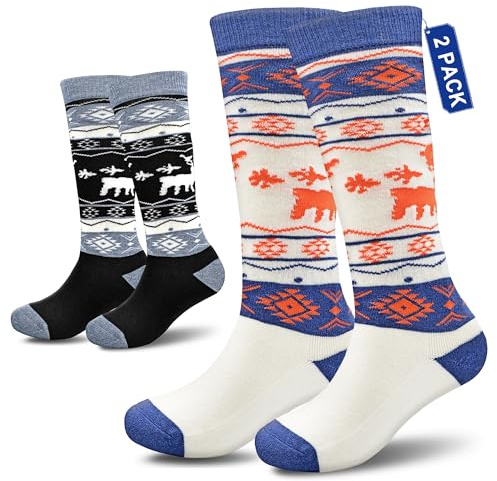 Socks Daze 2 Pack Winter Warm Wool Ski Socks for Kids Boys Girls 10-12 Years Cute Knee High Wool Boot Socks for Hiking Ice Skating, Black + White, Medium
