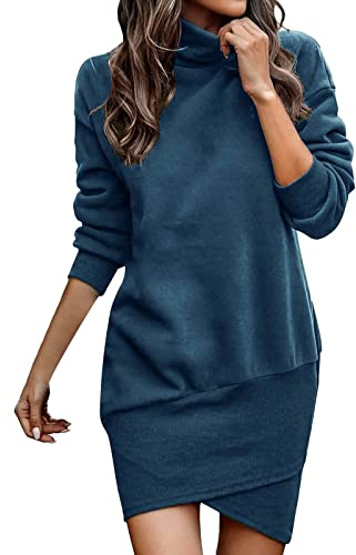 LANSKIRT Robe Pull Femme Hiver Casual Col Roulé Chic et Elegant Long Mini à Manches Longues Tricoté Automne Hiver avec Poche sans Ceinture (Dark Blue, M)