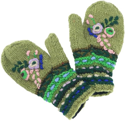 GURU SHOP Wollhandschuhe mit Blümchenstickerei, Boho Handschuhe, Fauster | Handgestrickte, warme Fausthandschuhe, Fleece-Futter, Unisex, fair gehandelt, Größe für normale Handgröße.