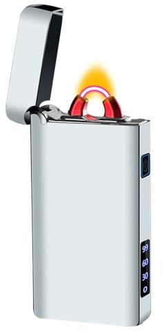Feuerzeug Elektrisch Lichtbogen Feuerzeuge USB C Aufladbar Elektro Winddicht Arc Lighter Wiederaufladbar Elektrisches Plasma Feuerzeug Sturmfeuerzeug mit LED Batterieanzeige (Spezial Silber)