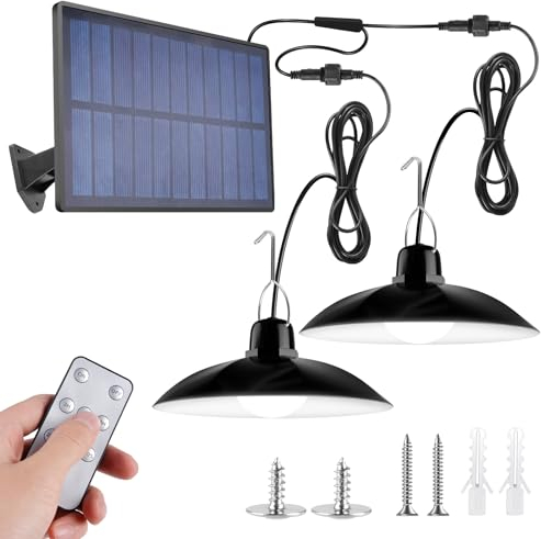 Lampes solaires pour extérieur et intérieur, lampe solaire avec télécommande, lampes suspendues LED solaires IP65, lampes solaires pour l'extérieur avec câble de 10 m, double tête, suspension solaire