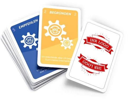 MEINSPIEL - Personalisiertes Delegation Cards Kartenspiel - Mit Ihrem Logo auf Rückseiten und Cover - Spracheversion: Deutsch - Je Spiel 7 Sets á 7 Karten; Format 59x91 mm, Verpackung: Klarsichtetui