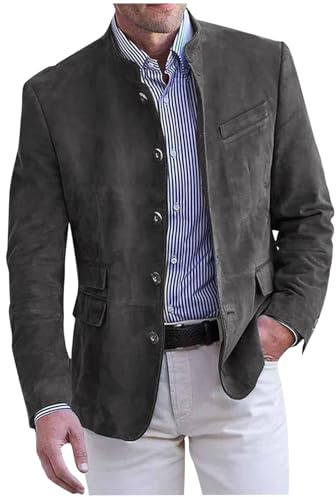 Men's Casual Stand Collar Blazer Elegant Lapel Pocket, Long-Sleeve Suede Jacket, Slim Buttoned Suit, Vintage Corduroy Sport Coat