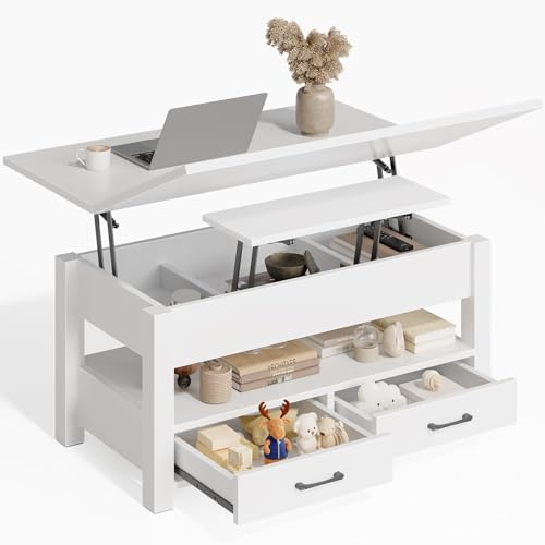 Rolanstar Mueble de Centro de Salón Ajustable en Altura con 2 Cajones, Mesa de Salón de 100 x 50 cm de Madera, Económico en Espacio y Fácil de Montar para Dormitorio