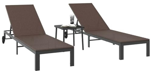vidaXL Sonnenliege 2-Person 3 pcs Braun Poly-Rattan, Garten und Terrasse, moderner Outdoor-Lounger, bequemer Liegesessel, verstellbare Rückenlehne, wetterfest