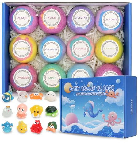 12 pcs Bath Bomb Gift Set,Handmade Natural and Organic Bubble Bombs,for Kids with Surprise Toy Inside,with Surprise Sea Animal Toy Inside,Birthday Christmas Easter Party Girls Boys