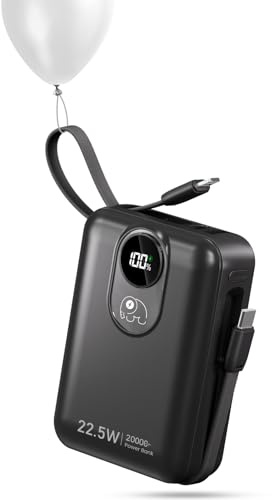 20000mAh Power Bank con Cavi Integrati: Batteria Esterna a ricarica rapida da 22.5W per telefono cellulare, Pacco Batteria USB C (ingresso e uscita),Caricatore Portatile con 4 uscite e 2 ingressi-Nero