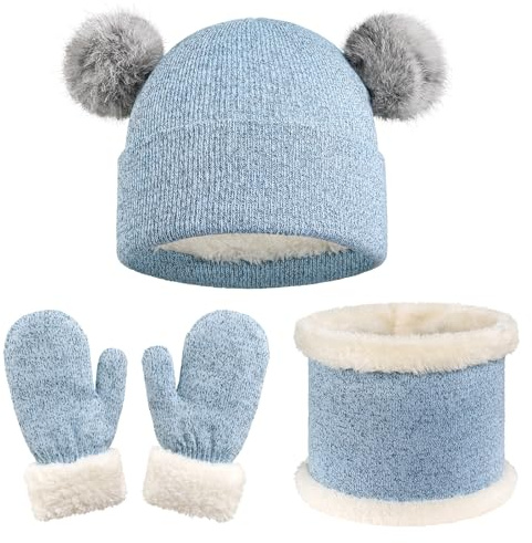Yaopelky Kid Beanie Hat Scarf Gloves Set Warm Knit Beanie with Pom Poms Neck Warmer Mittens Kids Winter Accessories Set for Boys Girls 3-7 Years (Blue, One Size)