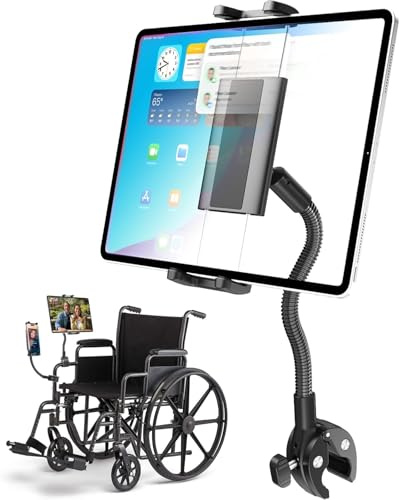 LYFPOOM Support de tablette portable pour fauteuil roulant [version Pro] avec bras en aluminium de 24 cm – Support de tablette électrique réglable à 360° pour iPad Pro/Air, iPhone 15/14, Galaxy Z Fold