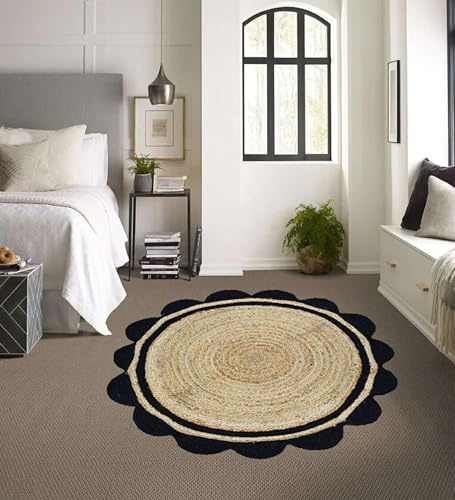 Tappeto rotondo in iuta smerlato nero e naturale, 1,2 m, intrecciato a mano, ecologico e durevole, decorazione bohémien per soggiorno, camera da letto o ingresso