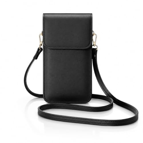CanQuanSWZX Leather Crossbody Phone Bag Black for Women, Small Cross Body Bag with Adjustable Shoulder Strap, Multi-Layer Mobile Wallet Purse, Lightweight Phone Bags for Women