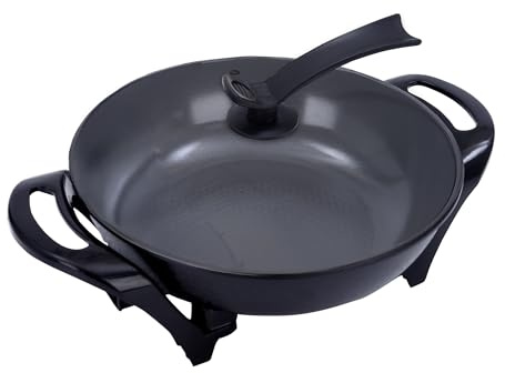 Jocca-Wok Eléctrico Multifunción 32 cm con Tapa de Cristal, Revestimiento Cerámico Antiadherente, Termostato Ajustable, 1600W, Ideal para Saltear, Freír y Cocinar al Vapor