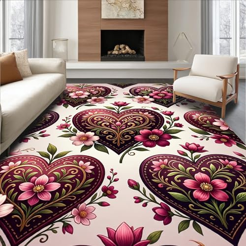 Design&I Low Pile Flatwoven Area Rug 8x10, Valentine Punch Needle Embroidery Kit with Motifs DIY, Machine Washable, Stain Resistant Indoor Rug for Living Room, Bedroom, Non Slip(White, 8x10)