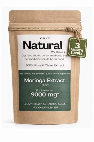 Only Natural Wellness Moringa Capsules(40:1) - Premium Strength 9000mg | One a Day Formula (3 Months Supply) | Supports Energy, Immune Function, and Vitality | Vegan and Gluten Free - 90 Capsules