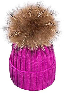 EXQULEG Warm Mütze, Echtfellbommel Pudelmütze,Winter-Mütze Bommelmütze Pelzbommel Waschbär Raccoon Pelz (Rosarot)