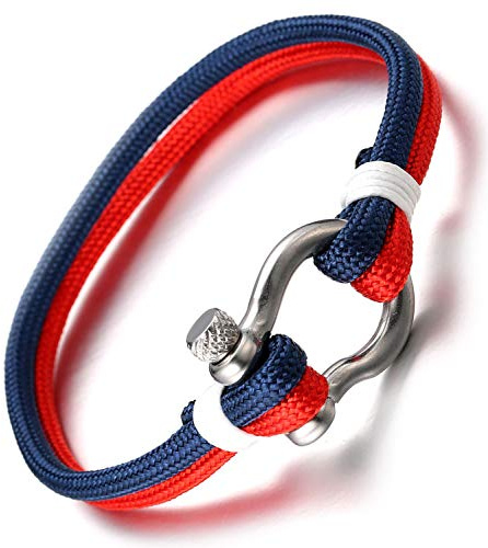 Halukakah ● SEGELN ● Herren Nylon-Seilschnur Armband Mehrschicht Blau Mix Weiß/Rot Handgefertigt Silberner Schraubverschluss 8.26/21cm mit Kostenloser Geschenkpackung