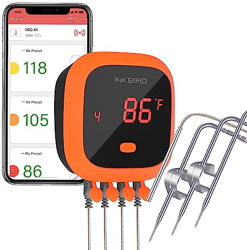 Inkbird IBT-4XC Waterproof Bluetooth BBQ Thermometer with Rechargeable Alarm Meat Thermometer for Kitchen Outdoor Cooking Smoker Oven Grill BBQ Smoker Thermometer Food Digital Thermometer