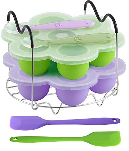 ROTTAY Silicone Egg Bites Molds and Steamer Rack Trivet with Heat Resistant Handles Fit Instant Pot Accessories, 7pcs set for 6qt & 8qt Electric Pressure Cooker With 2 Spoons and Silicone spatula
