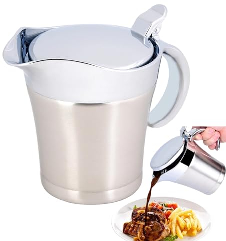 Salsera de Acero Inoxidable con Aislamiento Térmico de Doble Pared Salsera Salsera Mesa de Comedor Salsa Jarra con Tapa Salsa Ideal Bote para Salsa, Crema, Natillas(Small 450ml)