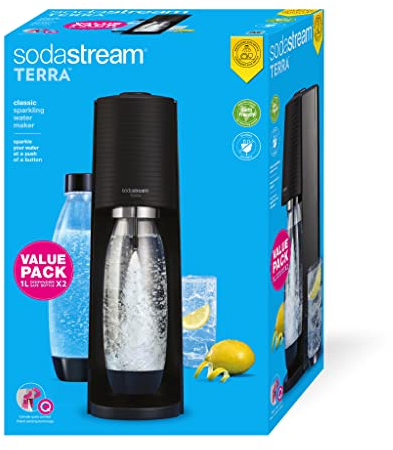 sodastream Wassersprudler Terra Value Pack x2 mit 2 spülmaschinenfesten Flaschen 1 l und 1 Zylinder CO2 Quick Connect für bis zu 60 l, schwarz matt