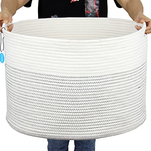 Casaphoria XXXStor bomullsrepkorg 55 cm x 55 cm x 35 cm vävd tvättkorg för filtar förvaringskorg med handtag täcken kuddar förvaringskorgar tråd tvättkorg – svart söm, beige