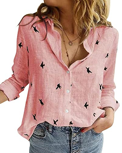 Livonmone Women's Blouse Casual Long Sleeve Shirts V Neck Button Down Basic Loose Tunic Tops (Pink, M)