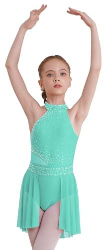 Manyakai Maillot de Patinaje Artístico Competición para Niña sin Manga Vestido de Danza Jazz con Pedrería Brillante Vestido de Bailarina Ballet 5-16 Años Menta Verde 13-14 años
