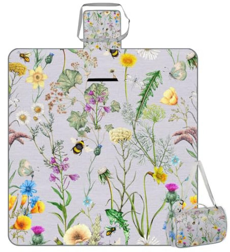 Mularoka Picknickdecke mit Blumen- und Schmetterlings-Aufdruck, wasserdicht, sanddicht, faltbar, Stranddecke, 150 x 145 cm, extra groß, tragbar, waschbar, Outdoor-Matte für Camping, Park, Gras,