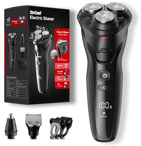 Electric Razor for Men, ShvComf Electric Shaver, Waterproof Wet Dry Cordless Rechargeable Razor for Men Face, Adjustable Speeds, with Nose Hair Trimmer, Sideburns Trimmer